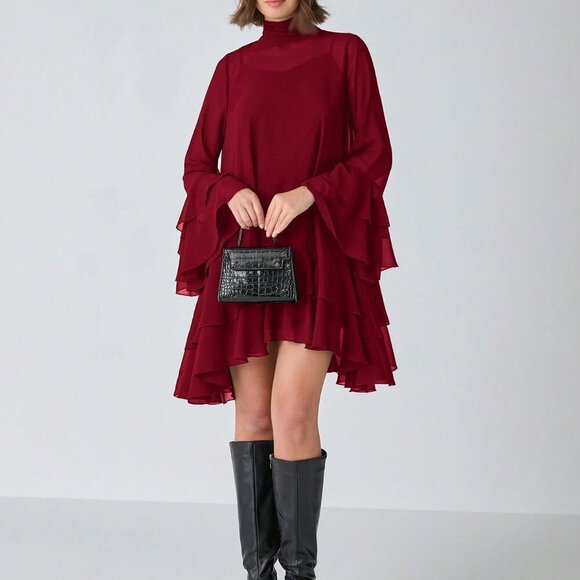 Burgundy Elegant Women's Stand Collar Long Sleeve flowy Short ruffled hem Dress - Picture 6 of 8